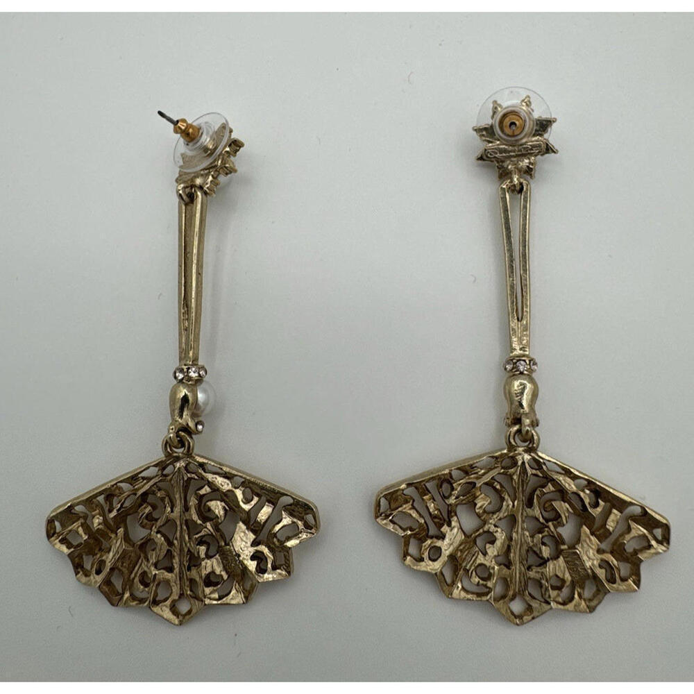 Oscar De La Renta Dangle Pearl Gold Tone Earrings - Picture 2 of 6